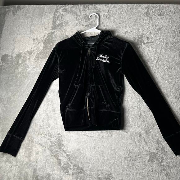 Harley‎ Davidson Velour Velvet Zip Up Hoodie Flower Vintage Y2K Size XS - Picture 2 of 6